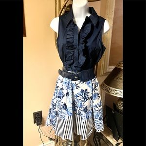 Bailey Blue Junior Floral Skirt with Solid Blue Button Down & Ruffled neckline